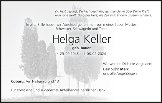 Helga Keller Traueranzeige Trauer Infranken De