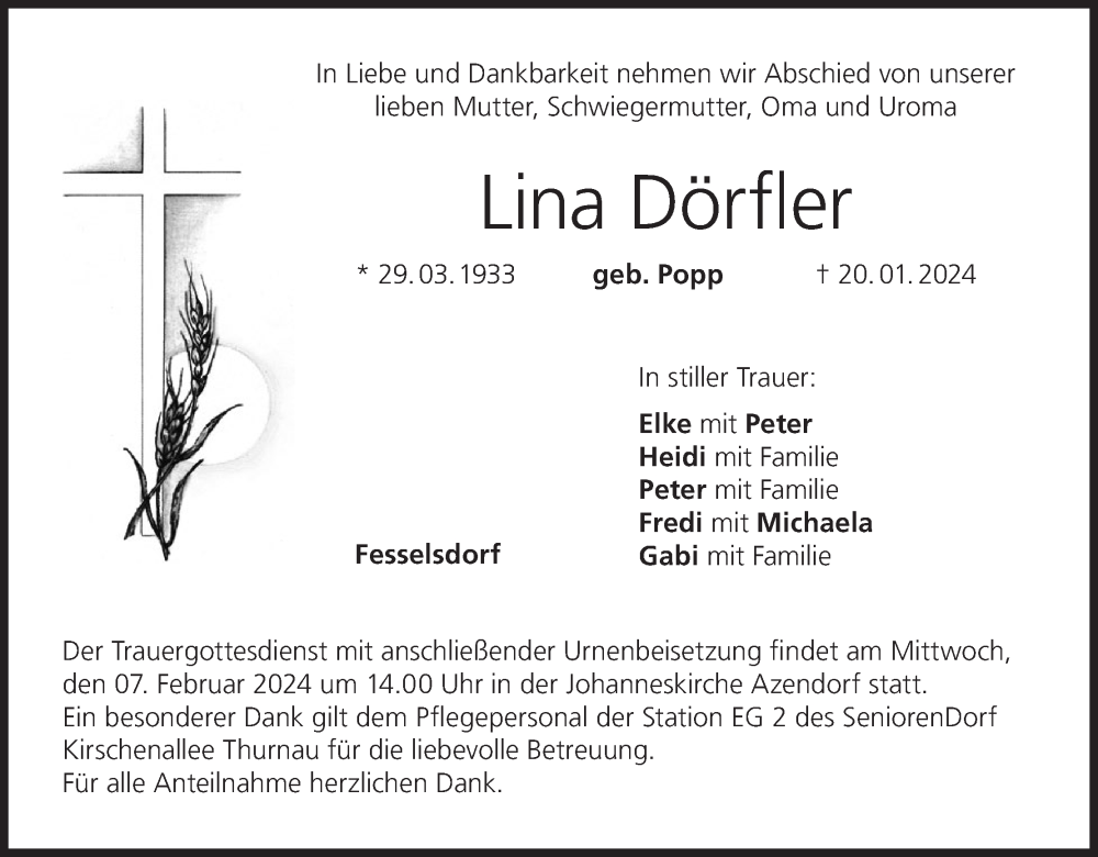 Lina Dörfler Traueranzeige trauer inFranken de