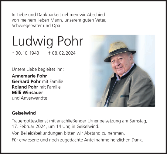 Ludwig Pohr Traueranzeige Trauer Infranken De