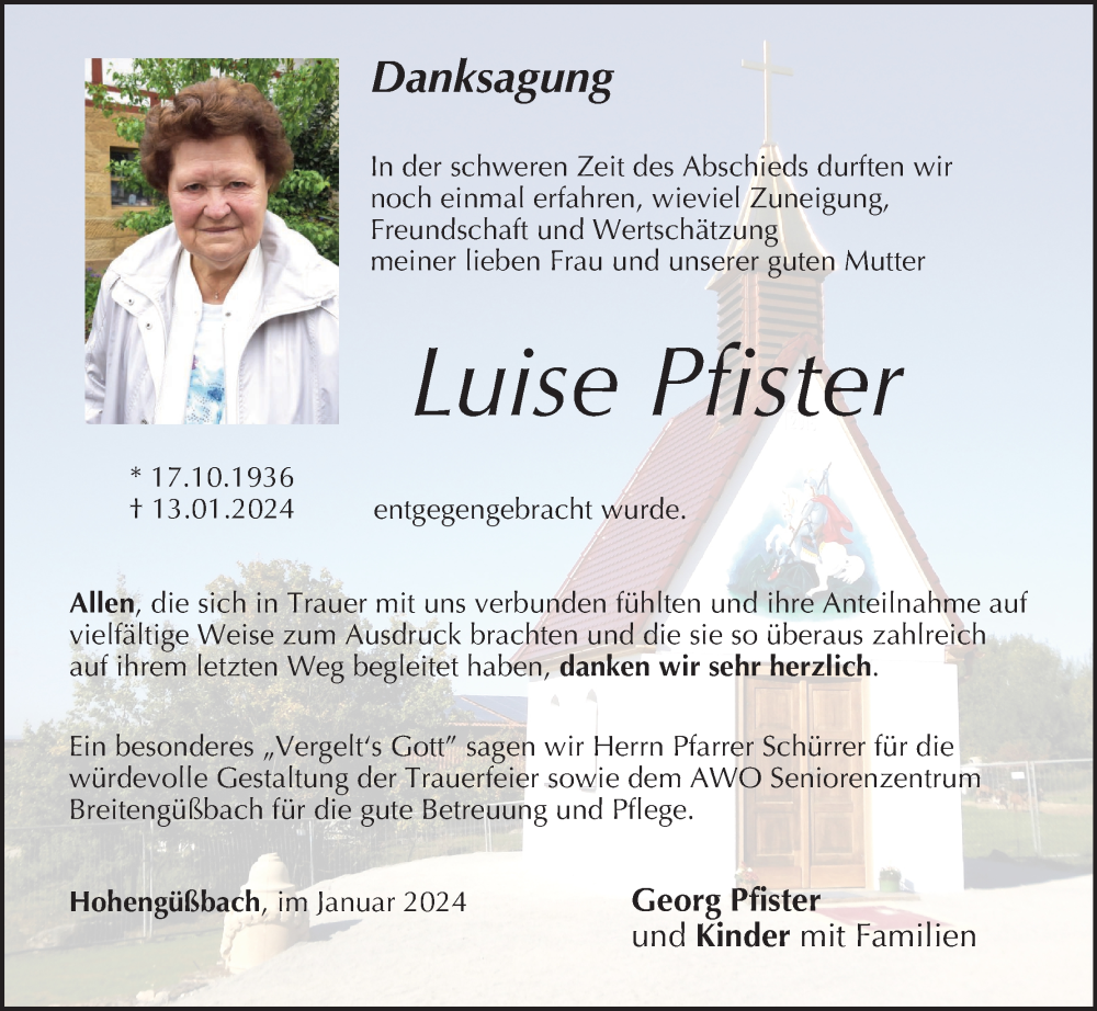 Luise Pfister Traueranzeige Trauer InFranken De