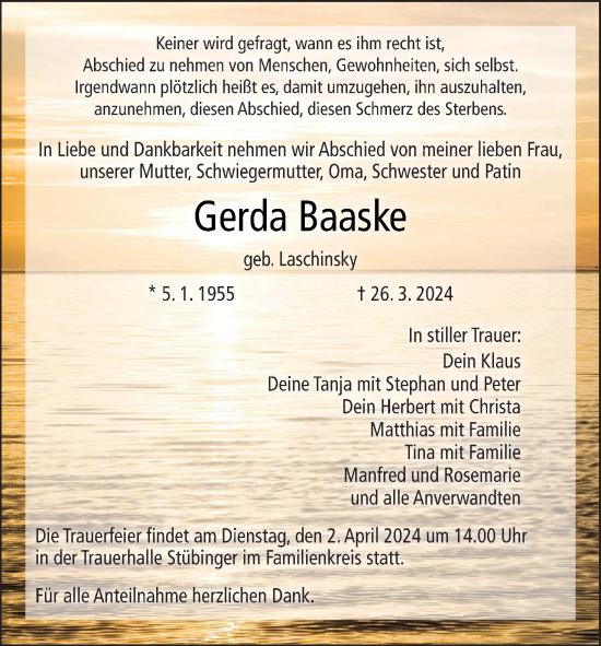 Anzeige von Gerda Baaske von MGO