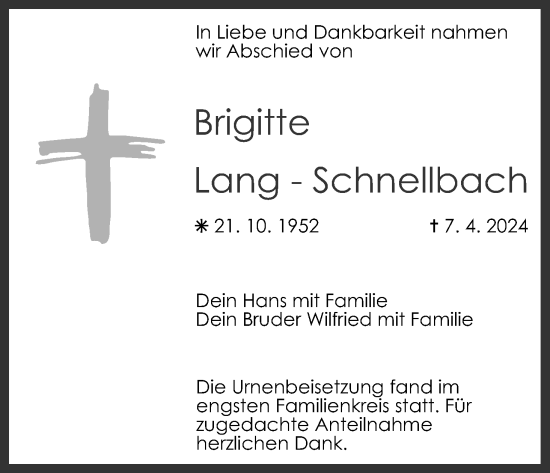 Anzeige von Brigitte Lang-Schnellbach von MGO