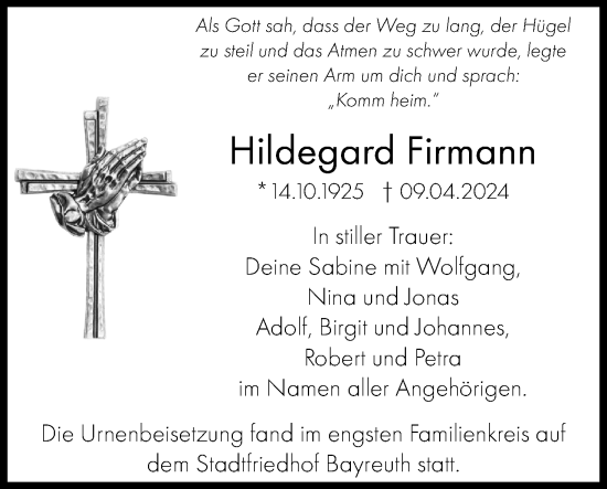Anzeige von Hildegard Firmann von MGO