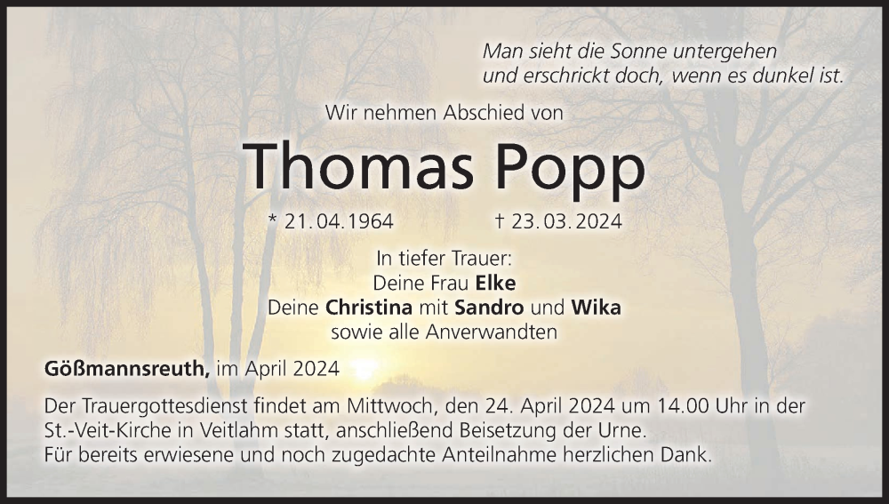 Thomas Popp Traueranzeige Trauer Infranken De