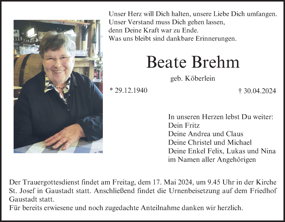 Beate Brehm Traueranzeige Trauer Infranken De