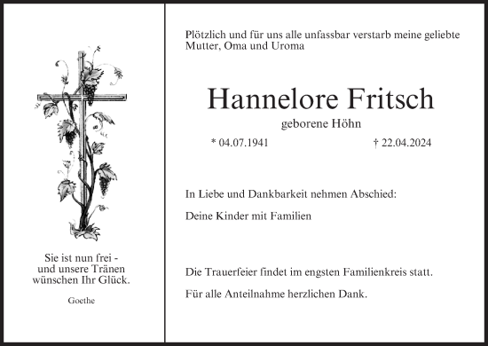 Anzeige von Hannelore Fritsch von MGO