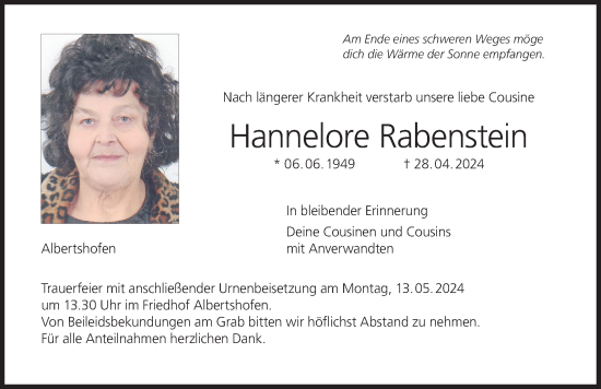 Anzeige von Hannelore Rabenstein von MGO