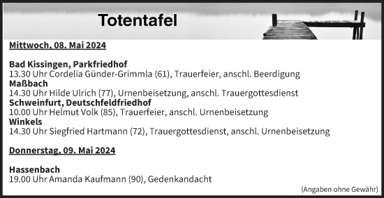 Anzeige von Totentafel vom 08.05.2024 von MGO
