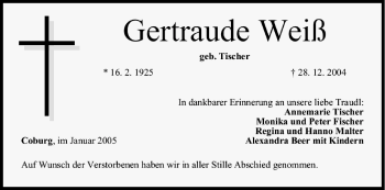 Anzeige von Gertraude Weiß von MGO