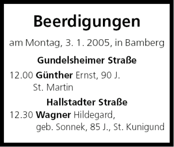 Anzeige von Beerdigungen vom 03.01.2005 von MGO