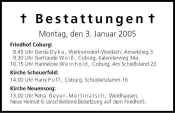 Anzeige von Bestattungen vom 03.01.2005 von MGO