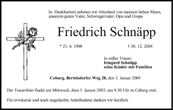 Anzeige von Friedrich Schnäpp von MGO
