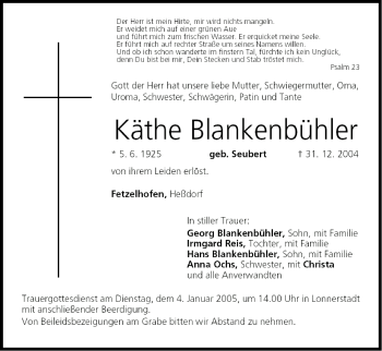 Anzeige von Käthe Blankenbühler von MGO