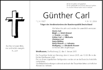 Anzeige von Günther Carl von MGO