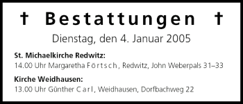 Anzeige von Bestattungen vom 04.01.2005 von MGO