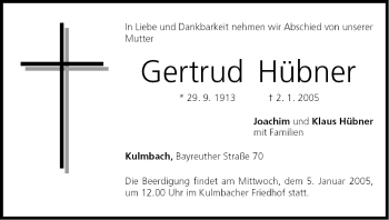 Anzeige von Gertrud Hübner von MGO