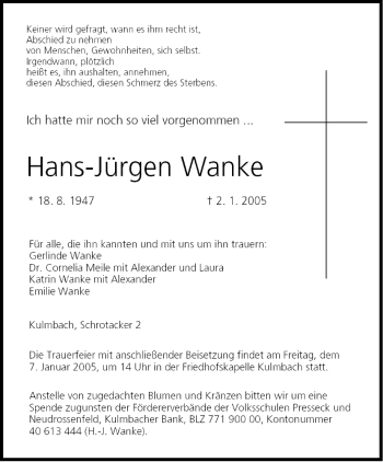 Anzeige von Hans-Jürgen Wanke von MGO