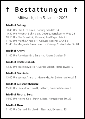 Anzeige von Bestattungen vom 05.01.2005 von MGO