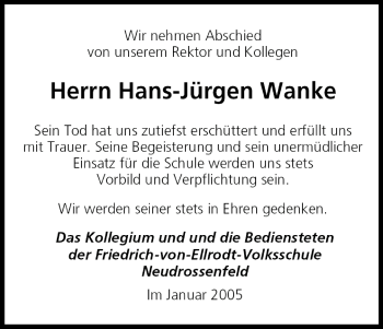 Anzeige von Hans-Jürgen Wanke von MGO