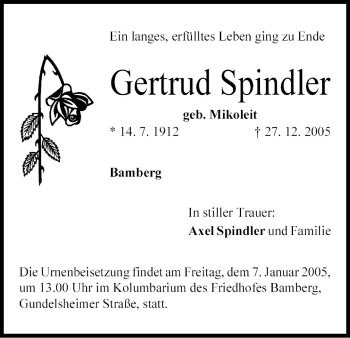 Anzeige von Gertrud Spindler von MGO