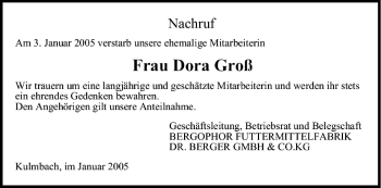 Anzeige von Dora Groß von MGO