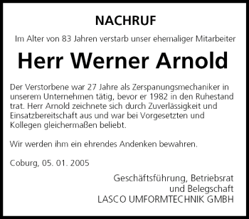 Anzeige von Werner Arnold von MGO