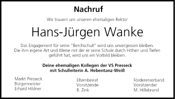 Anzeige von Hans-Jürgen Wanke von MGO