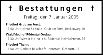 Anzeige von Bestattungen vom 06.01.2005 von MGO