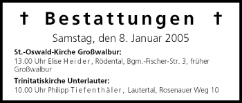 Anzeige von Bestattungen vom 08.01.2005 von MGO