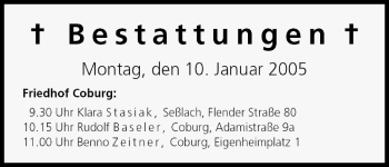 Anzeige von Bestattungen vom 10.01.2005 von MGO