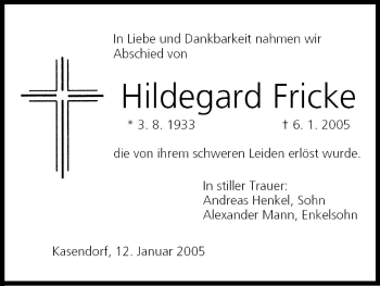 Anzeige von Hildegard Fricke von MGO