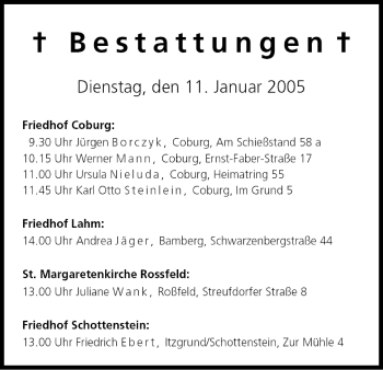 Anzeige von Bestattungen vom 11.01.2005 von MGO