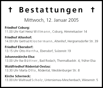 Anzeige von Bestattungen vom 12.01.2005 von MGO