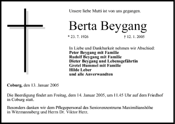 Anzeige von Berta Beygang von MGO