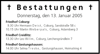 Anzeige von Bestattungen vom 13.01.2005 von MGO