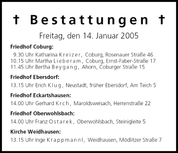 Anzeige von Bestattungen vom 14.01.2005 von MGO