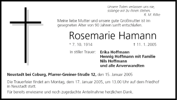 Anzeige von Rosemarie Hamann von MGO