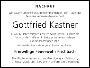 Anzeige von Gottfried Kastner von MGO