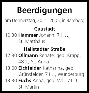 Anzeige von Beerdigungen vom 20.01.2005 von MGO