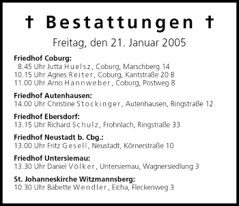 Anzeige von Bestattungen vom 21.01.2005 von MGO