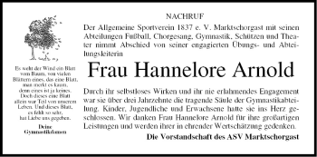 Anzeige von Hannelore Arnold von MGO