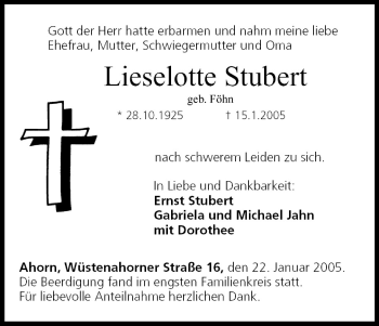 Anzeige von Lieselotte Stubert von MGO