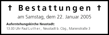 Anzeige von Bestattungen vom 22.01.2005 von MGO