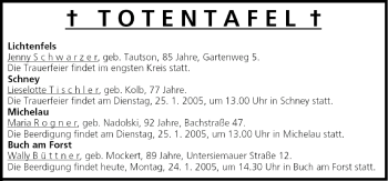 Anzeige von Totentafel vom 24.01.2005 von MGO