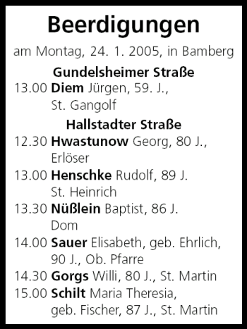 Anzeige von Beerdigungen vom 24.01.2005 von MGO