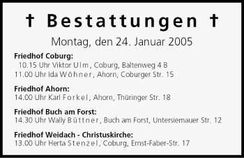 Anzeige von Bestattungen vom 24.01.2005 von MGO