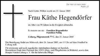 Anzeige von Käthe Hegendörfer von MGO