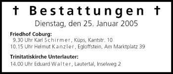 Anzeige von Bestattungen vom 25.01.2005 von MGO