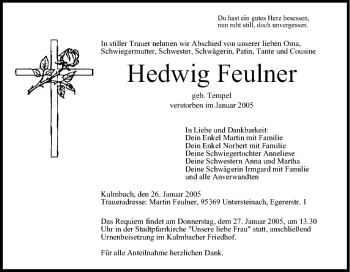 Anzeige von Hedwig Feulner von MGO