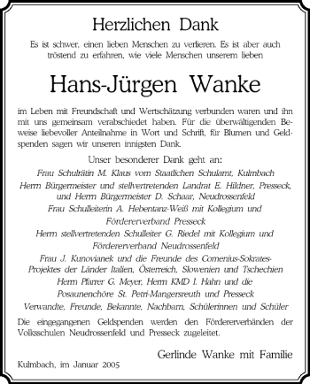 Anzeige von Hans-Jürgen Wanke von MGO